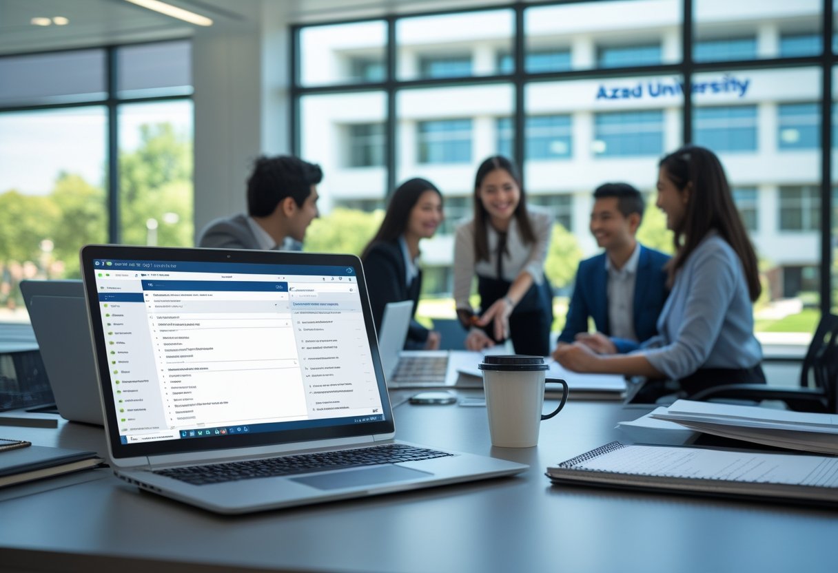 American National College International Email | A modern university office with a laptop open on a desk and students collaborating near a window showing a campus building.