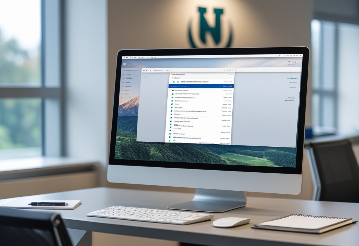 info@iau.circlejbeautyschool.com and info@circlejbeautyschool.com | A modern office workspace with a desktop computer showing an open email client and a university logo in the background.