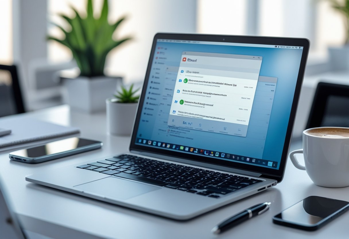 Official Email - Close-up of a laptop on a desk showing an open email inbox with office supplies around in a modern office setting.