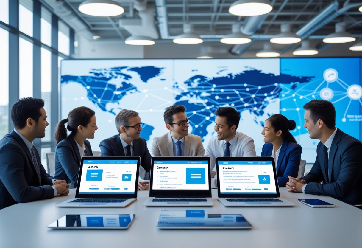 Official Email - A group of business professionals collaborating around a table with laptops and digital devices in a modern office.
