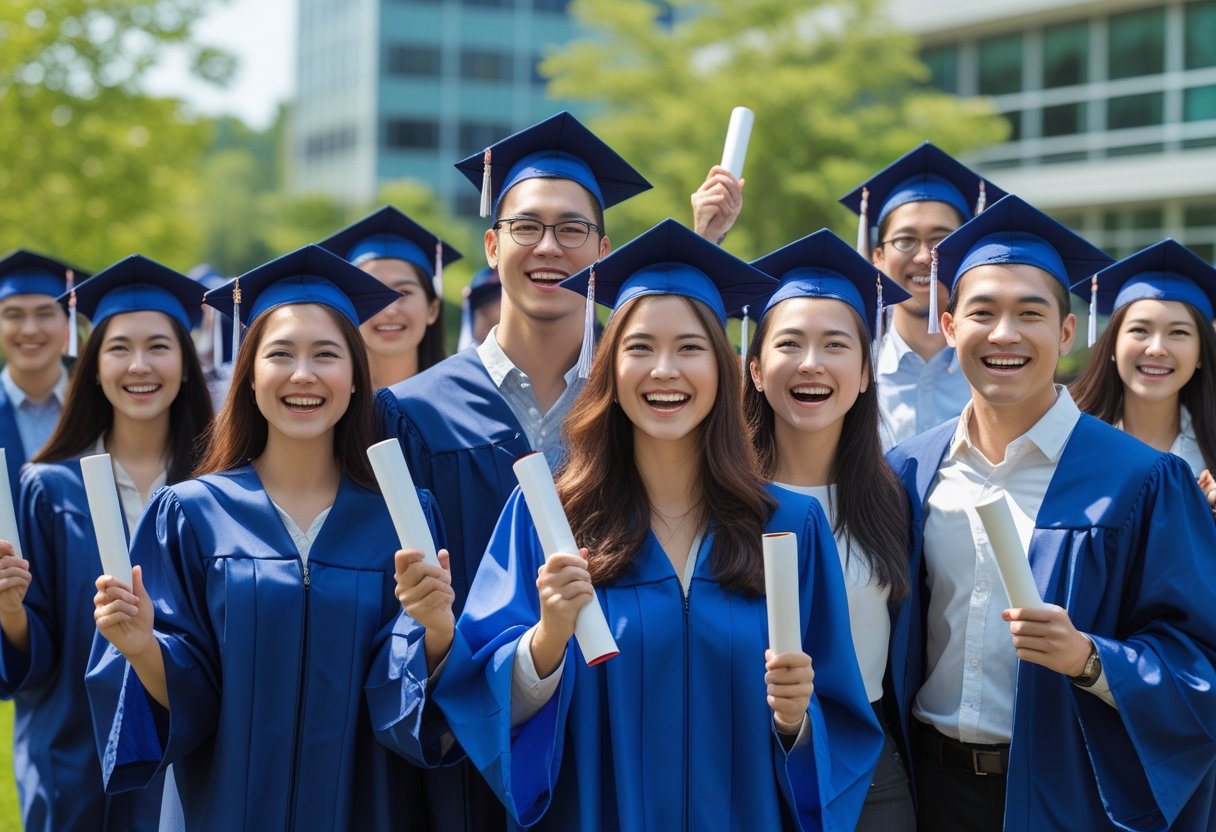 Get a Degree | A group of young adult graduates wearing caps and gowns holding diplomas outdoors on a university campus.