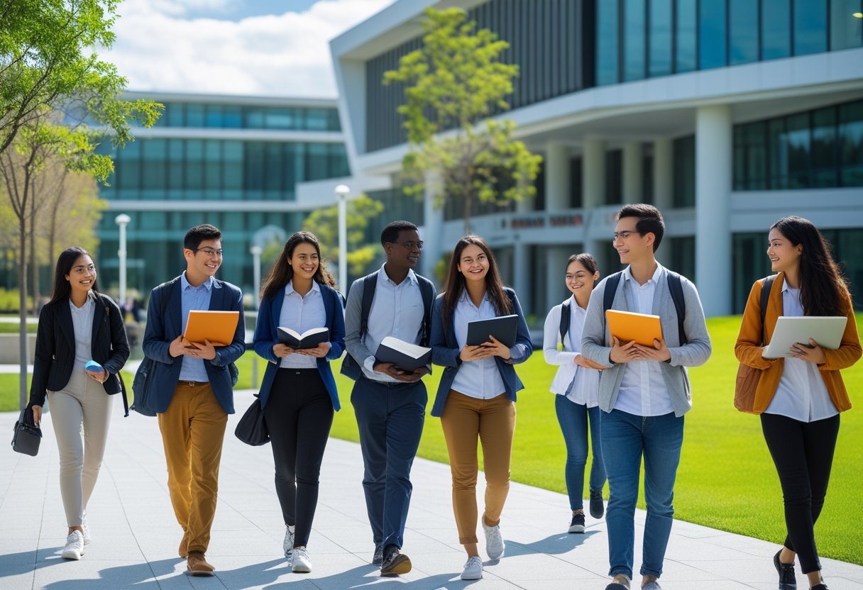 Get a Degree | A group of diverse university students walking and studying together outside modern campus buildings.