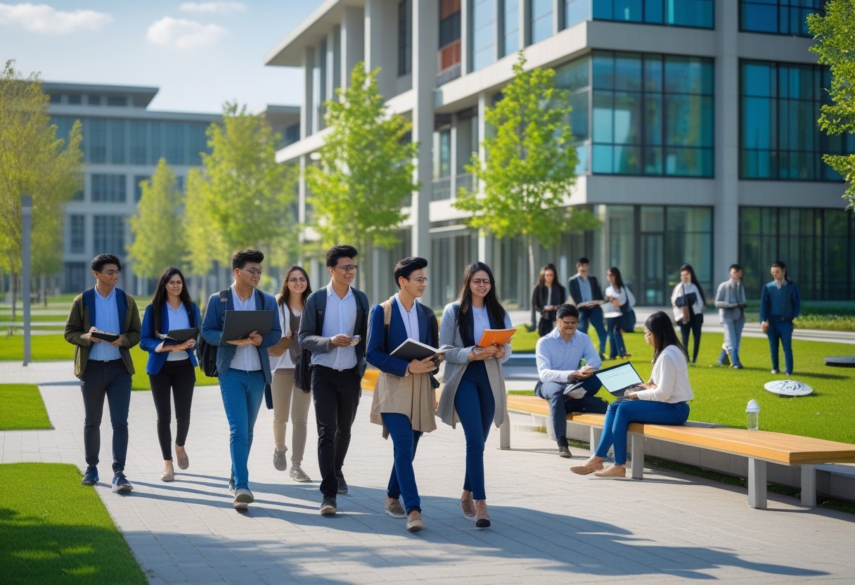 Certification Courses | Students studying and walking on a modern university campus with academic buildings and green spaces.