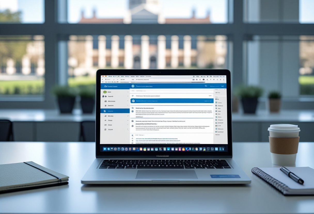 American National College International Email Address | A laptop on a desk in an office with a university campus visible through a window in the background.