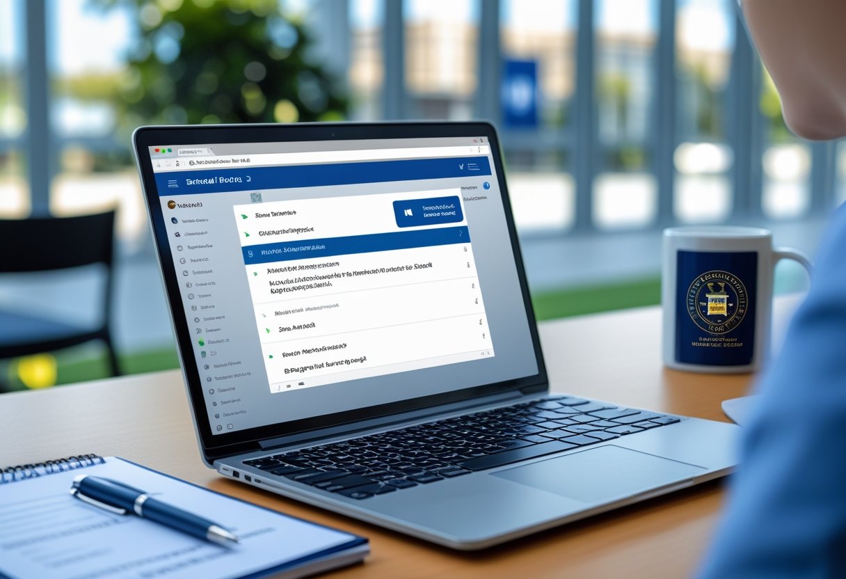 American National College International Email Address | A modern office desk with a laptop and smartphone showing email notifications, a notepad with a pen, and a blurred university campus background.