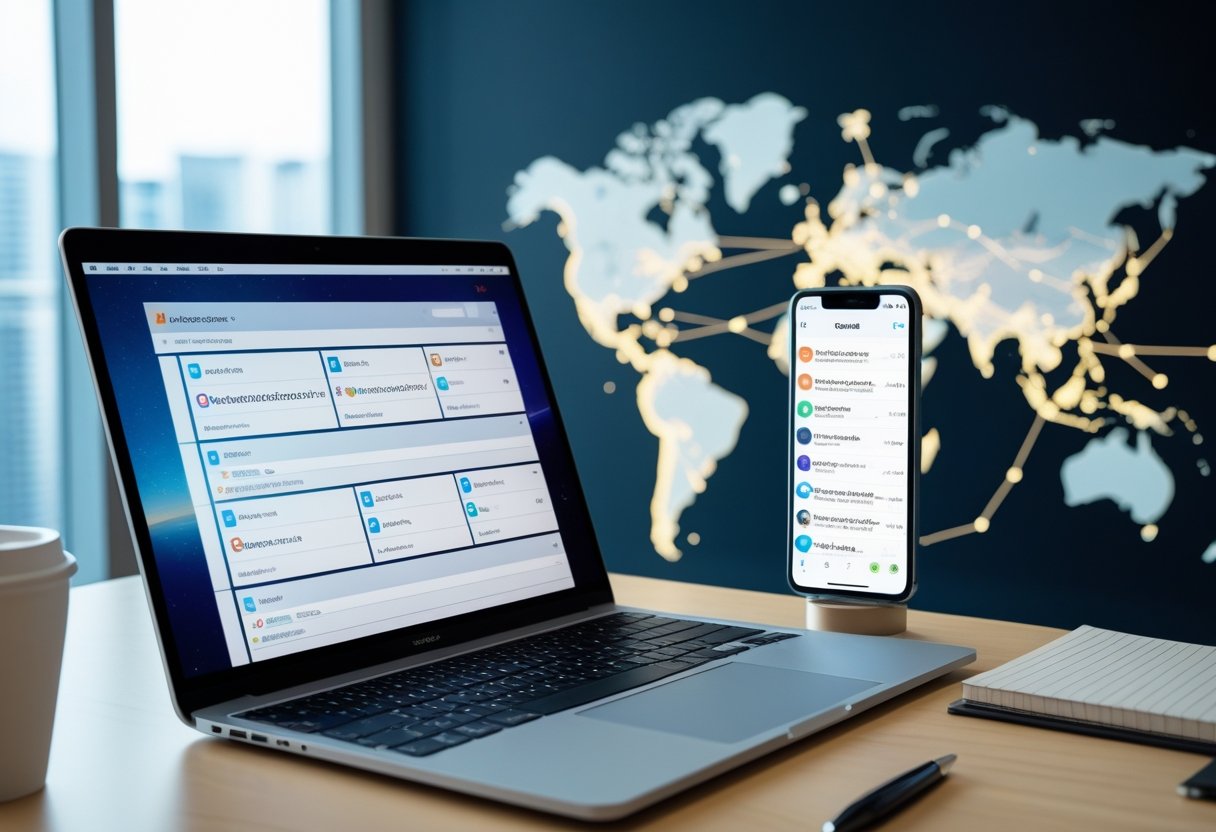 American National College International Email Address | A modern office desk with a laptop showing multiple browser windows, a smartphone displaying an email inbox, and a world map with connecting lines in the background.