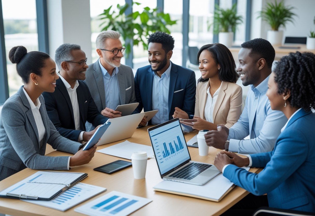 Life Experience Degrees | A diverse group of adults collaborating around a table in a bright modern office, engaged in discussion with laptops and notebooks.