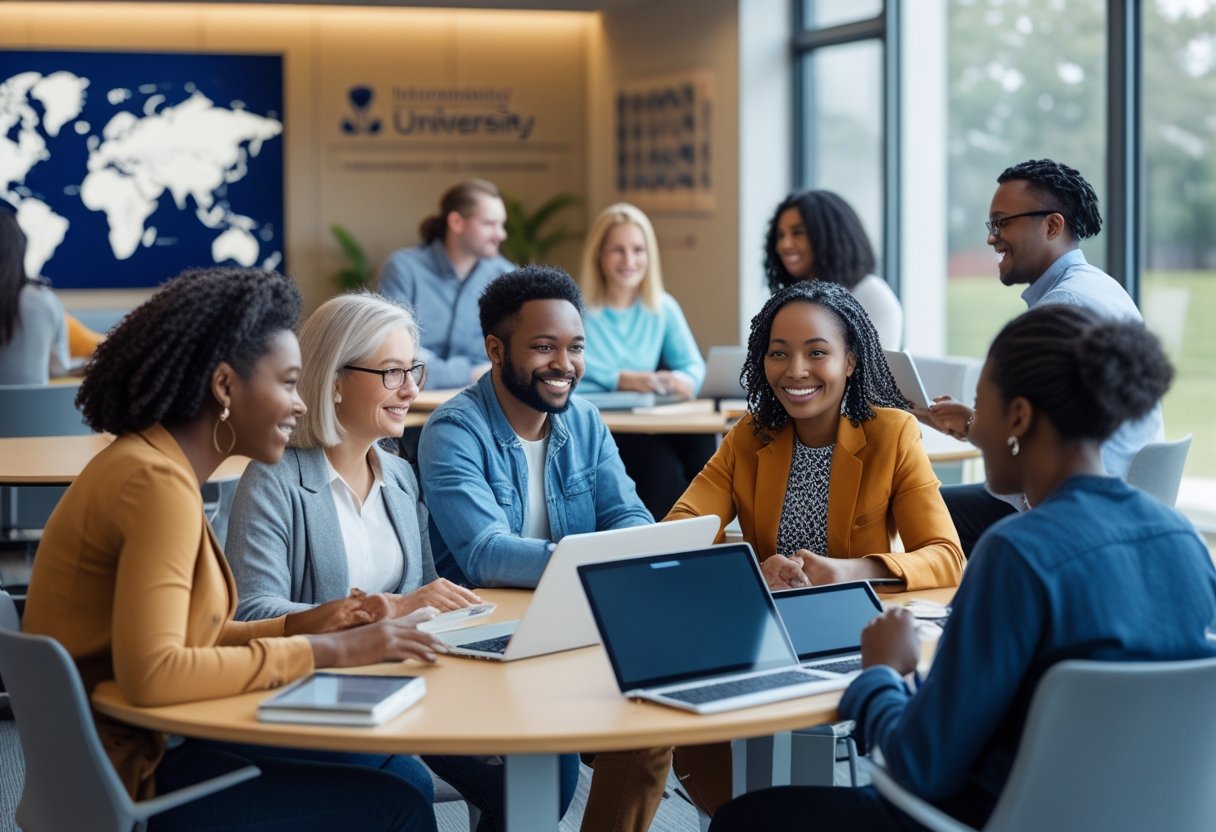 Life Experience Degrees | A diverse group of adult students studying together in a modern university classroom with laptops and tablets.