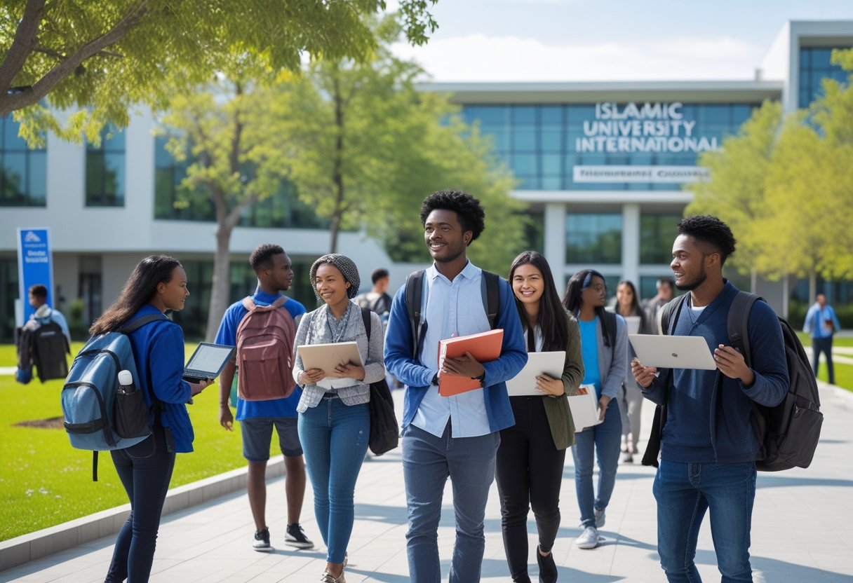 Earning Bachelor Degree | A group of diverse university students studying and walking on a modern campus with a university building in the background.