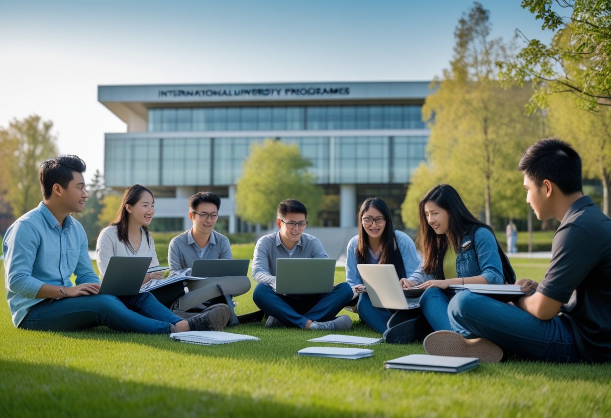 Fast Track master degree | Students studying and collaborating outdoors on a university campus with a modern building in the background.