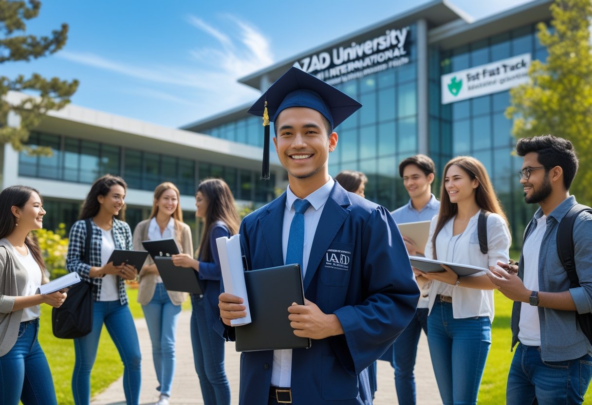 Fast Track master degree | A group of diverse university students studying and a graduate holding a diploma outdoors on a sunny day in front of a modern campus building.