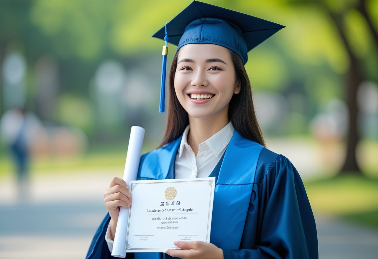 Got a Degree | A young adult graduate wearing a cap and gown holding a diploma and smiling outdoors.