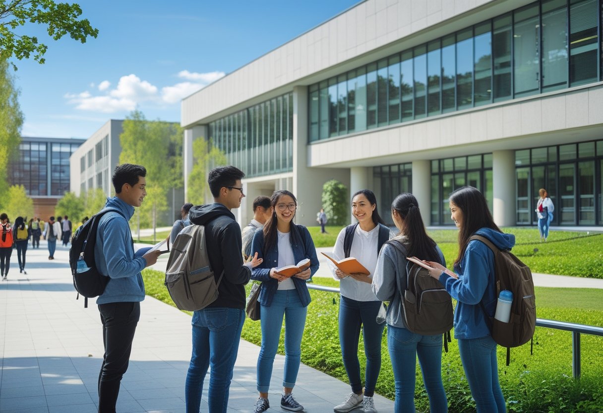 Got a Degree | A group of diverse university students studying and talking outside a modern campus building on a sunny day.