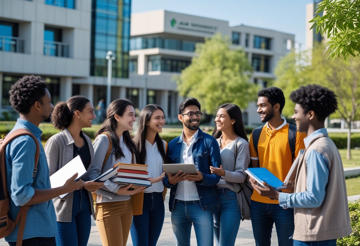 Got a Degree | A diverse group of university students talking and studying together outdoors on a sunny day at a modern campus.