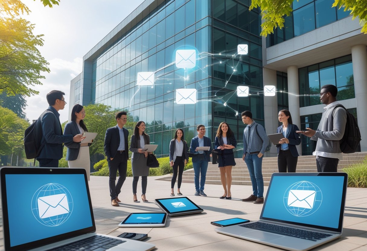 Trusted Email Islamic American National College | Students and faculty outside a modern university building using digital devices, with graphical overlays representing internet connectivity and secure communication.
