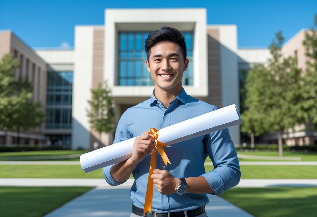 Accredited Bachelor's Degree | A young adult graduate holding a diploma standing outside a university building on a sunny day.