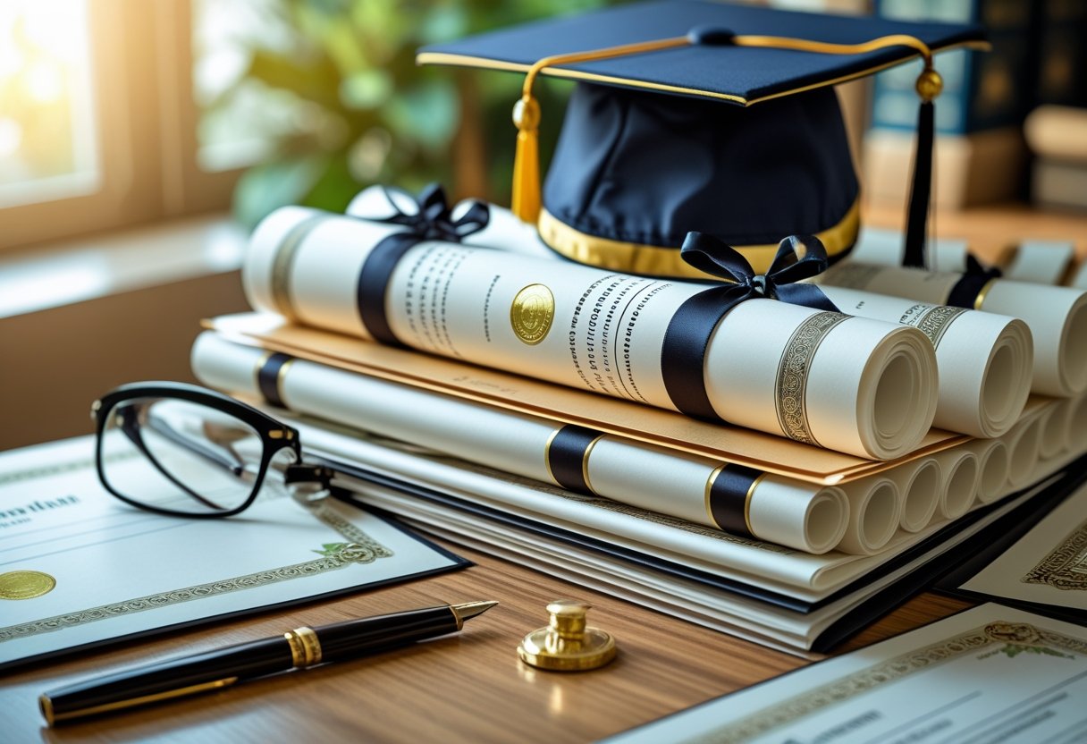 Education Degrees | A desk with stacked education degree certificates, a graduation cap, eyeglasses, and a pen in a bright study setting.