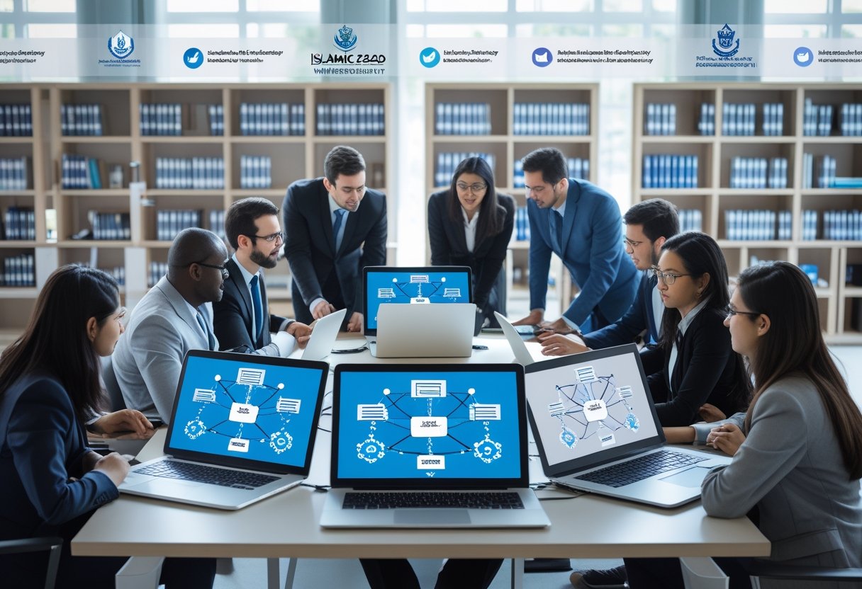 Islamic American National College Official Email Addresses | University office with staff collaborating around laptops showing network diagrams, with bookshelves and university branding in the background.